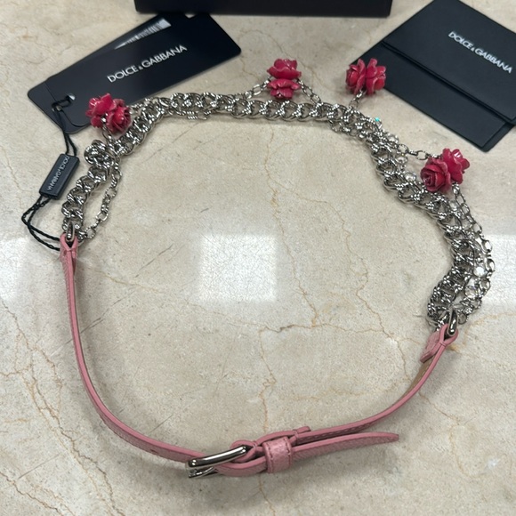 DOLCE & GABBANA PINK IGUANA TEXTURED LEATHER/SILVER CHAIN BELT W/ROSES CRYSTAL - Picture 14 of 16